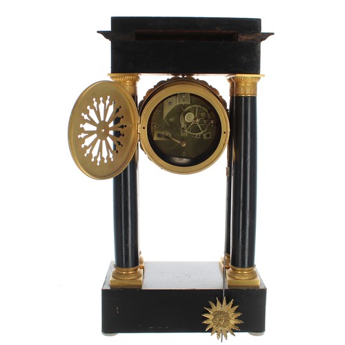 2314 - French ebonised and ormolu mounted portico two train mantel clock, the movement with outside countwh... 