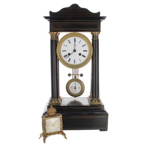 2315 - French ebonised portico two train mantel clock, the movement with outside countwheel striking on a b... 