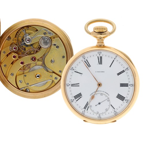 Fine Patek, Philippe & Cie, Genéve 18ct Chronometro Gondolo pocket watch, circa 1910, the gilded lever movement signed 'Patek Philippe & Cie, Genéve', no.162203 and dated ‘Pat. Jan 13, 1891’, with an overcoil hairspring, gold train and a bimetallic compensation balance with micrometre adjustment to the regulator, the signed dial branded 'J.Navarro', with Roman numerals, outer Arabic minute track, subsidiary seconds dial and gold hands, the engine turned case with 'AB' monogram to the centre, inscribed cuvette 'Chronometro Gondolo, No.266395, Patek Philippe & Cie, Genève, Fabricado expressamente para Gondolo & Labouriau Relojoeiros, Rio-de-Janeiro’ and stamped 'PP.Co' marks, 125.6gm, 56mm