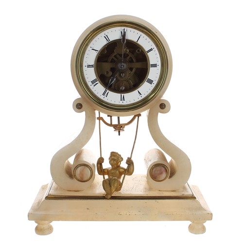 2335 - French white onyx mantel clock timepiece, the movement back plate bearing the maker's trademark logo... 