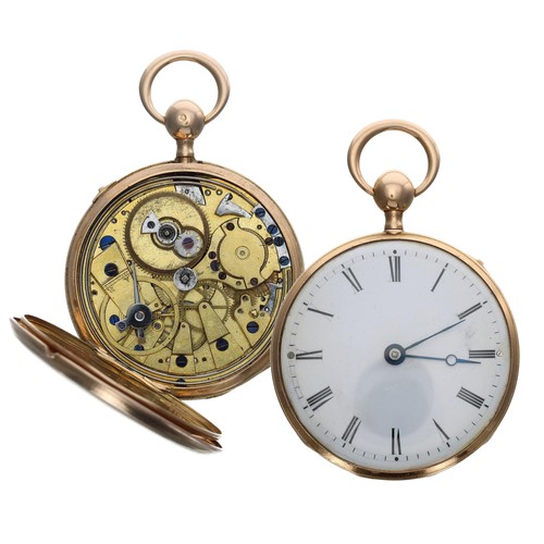 885 - French early 19th century 18ct slim gold quarter repeating cylinder pocket watch, the gilt frosted m... 