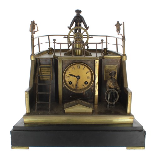 French gilt and patinated metal automaton quarter deck striking novelty mantel clock, signed Guilmet, Paris, circa 1890, with rocking automaton helmsman at the ship's wheel before a binnacle and moving with the swing of the pendulum, a ladder to the lower deck with standing mariner holding a rope either side of the 2.5" gilt dial with Roman numerals, the twin barrel movement striking on a gong and the back plate stamped GLT, Paris (for Guilmet) Medaille D'or, 