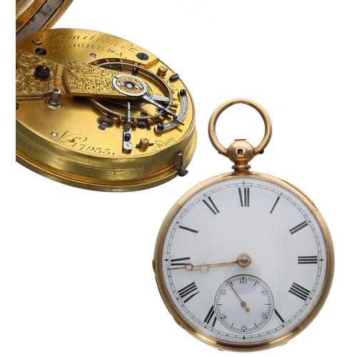 905 - Hamilton & Co. Drogheda - rare Irish 18ct fusee lever pocket watch, London 1852, the gilt moveme... 