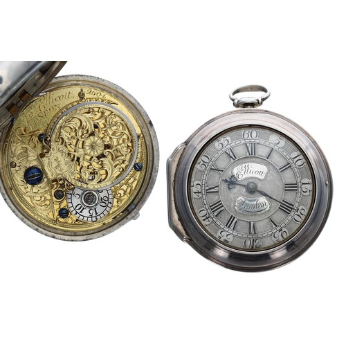 John Ellicott, London - 18th century silver verge pair cased pocket watch, London 1745/1746, the fusee movement signed John Ellicott, London, no. 2604, with pierced engraved balance cock with mask, steel three arm balance, silvered regulating disc and ornate pillars, signed champleve silver dial with Roman numerals, outer Arabic five minute divisions and minute track, blued steel beetle and poker hands, plain inner case numbered 2604 with winding hole within a plain outer case, case maker 'GR', 50mm