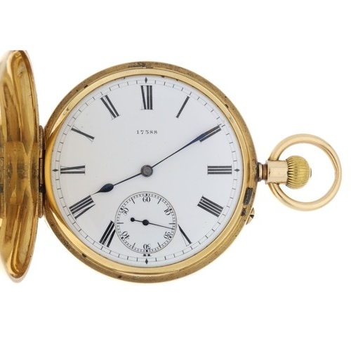 875 - Victorian 18ct lever hunter pocket watch, Chester 1896, unsigned gilt frosted three quarter plate mo... 