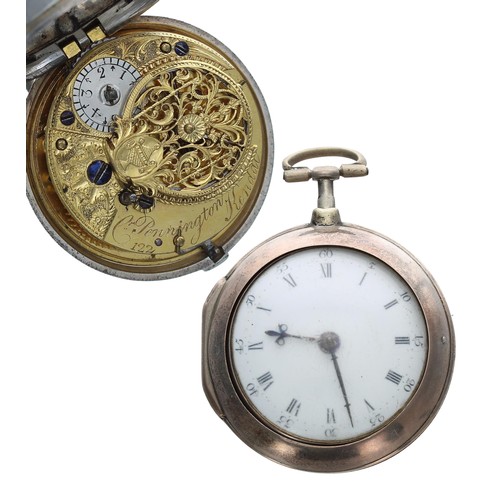 892 - Cr. Pennington, Kendal - George III silver verge pair cased pocket watch, London 1788, signed fusee ... 