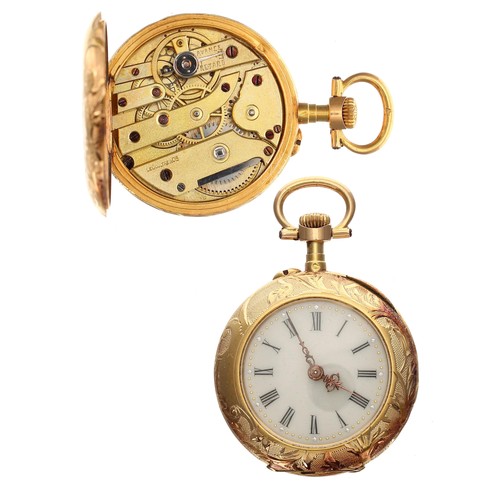 907 - LeCoultre & Cie - 18ct cylinder engraved fob watch, signed gilt frosted bar movement, 18ct hinge... 