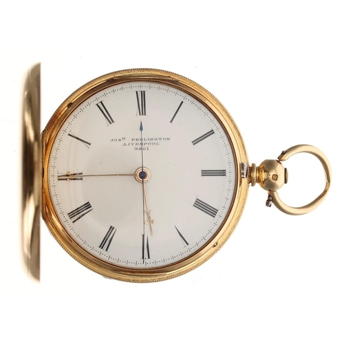 915 - Joseph Penlington, Liverpool - 18ct centre second hunter pocket watch, Chester 1858, signed key wind... 