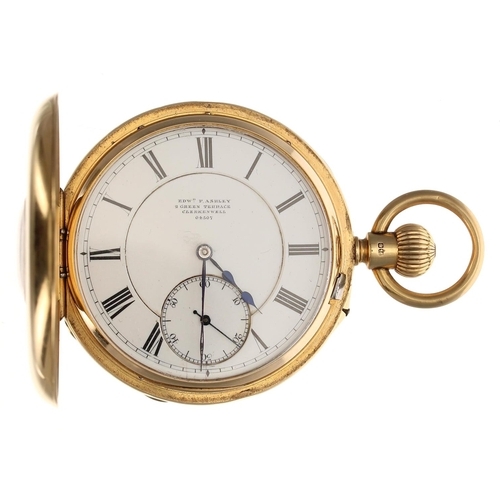 920 - Edward Ashley, Clerkenwell - 18ct half hunter lever pocket watch, London 1893, signed three quarter ... 