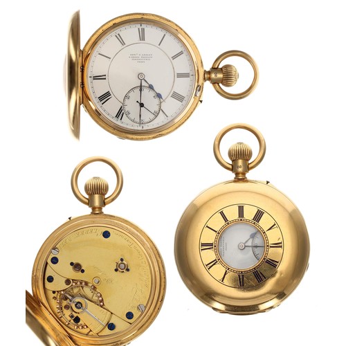 920 - Edward Ashley, Clerkenwell - 18ct half hunter lever pocket watch, London 1893, signed three quarter ... 