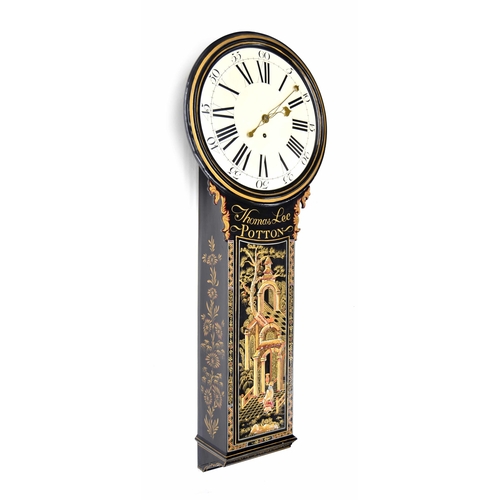 1716 - Good black lacquer and chinoiserie decorated single train tavern clock signed Thomas Lee Potton on t... 