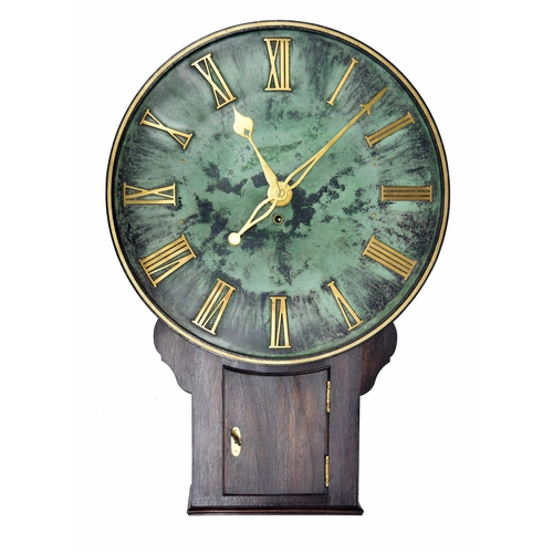 2602 - Modern oak single fusee drop dial wall clock, the green marble effect dial with raised brass Roman n... 