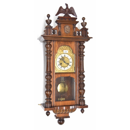 2606 - Small walnut spring driven two train wall clock, the 6.5