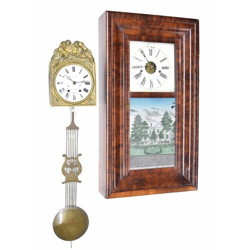 2608 - American mahogany two train ogee wall clock, the 8