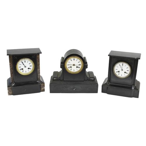 2313 - Three small French black slate two train mantel clocks striking on bells, the tallest 10