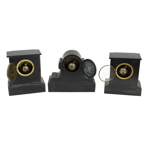 2313 - Three small French black slate two train mantel clocks striking on bells, the tallest 10