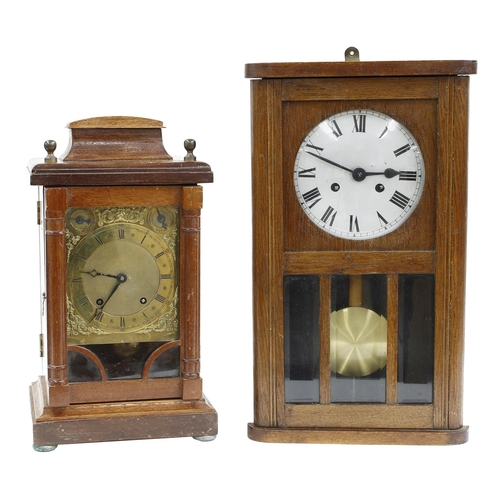 2318 - Mahogany two train mantel clock, the rectangular brass dial with subsidiary slow/fast and chime/sile... 