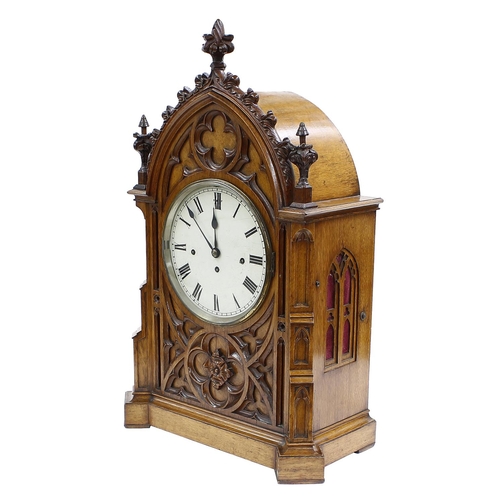 1325 - Gothic oak triple fusee boardroom clock, the movement playing on a nest of eight bells and striking ... 