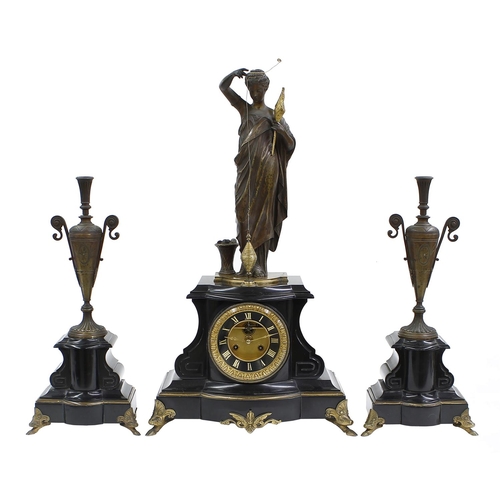 1322 - Fine and rare French black marble, ormolu and bronze figural two train mystery mantel clock garnitur... 