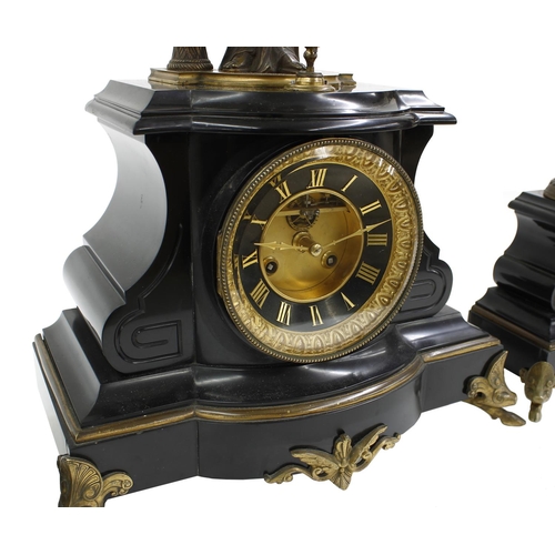 1322 - Fine and rare French black marble, ormolu and bronze figural two train mystery mantel clock garnitur... 