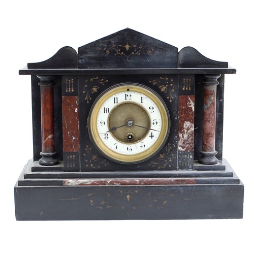 2325 - French black slate and red marble mantel clock timepiece striking on a bell (missing), the 3.75... 