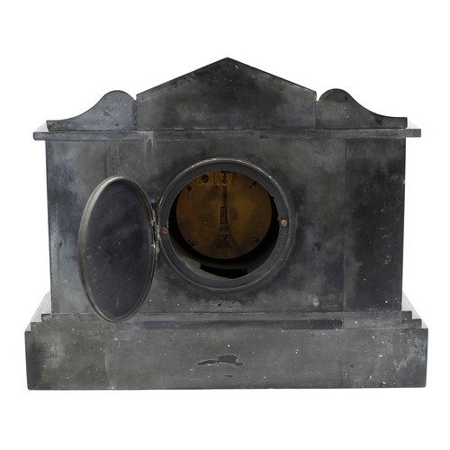 2325 - French black slate and red marble mantel clock timepiece striking on a bell (missing), the 3.75... 