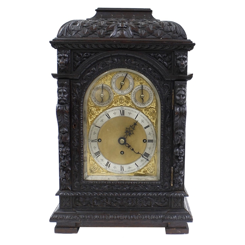 1505 - Oak triple fusee boardroom clock with wall bracket, the 7