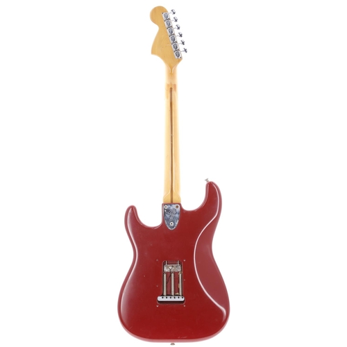 589 - 1979 Fender Stratocaster electric guitar, made in USA; Body: solid red refinish, surface marks; Neck... 