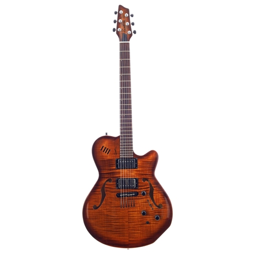 849 - Godin Flat Five X semi-hollow body electric guitar, made in Canada; Body: tiger burst figured maple ... 