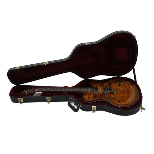 849 - Godin Flat Five X semi-hollow body electric guitar, made in Canada; Body: tiger burst figured maple ... 