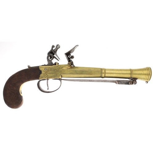 1074 - Fine 19th century brass barrelled and brass framed flintlock box-lock blunderbuss pistol with spring... 