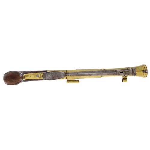 1074 - Fine 19th century brass barrelled and brass framed flintlock box-lock blunderbuss pistol with spring... 