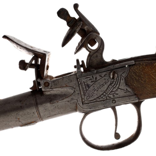 1075 - English Flintlock pocket pistol by George Jones, London, ,45 calibre approx, engraved to the muzzle,... 