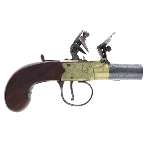 1076 - English 19th century flintlock pocket pistol signed Hill, London, .45 calibre approx, walnut flat si... 