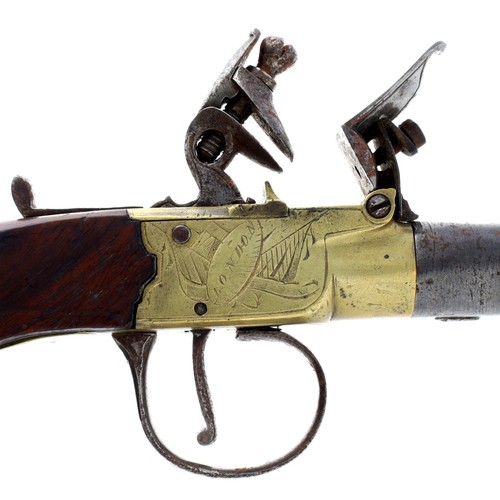 1076 - English 19th century flintlock pocket pistol signed Hill, London, .45 calibre approx, walnut flat si... 