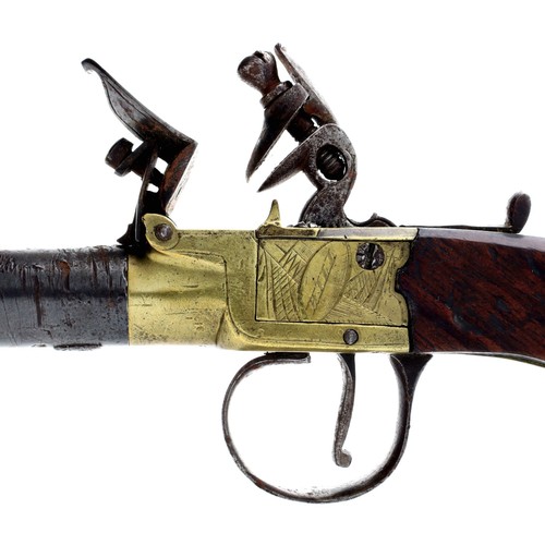 1076 - English 19th century flintlock pocket pistol signed Hill, London, .45 calibre approx, walnut flat si... 