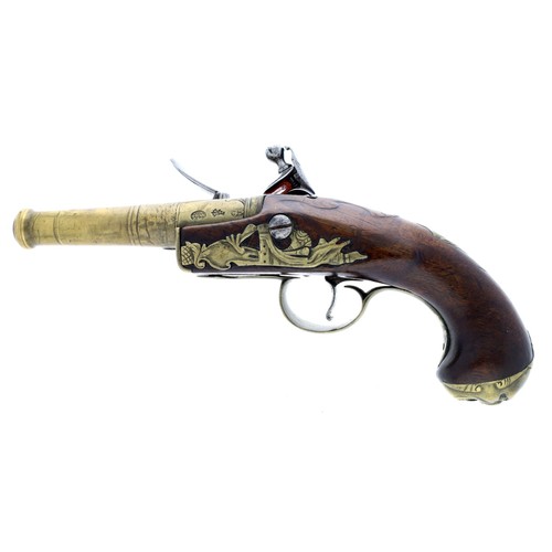 1077 - 19th century flintlock pistol marked 'Stamps', .440 calibre, turned brass canon barrel, engraved apr... 