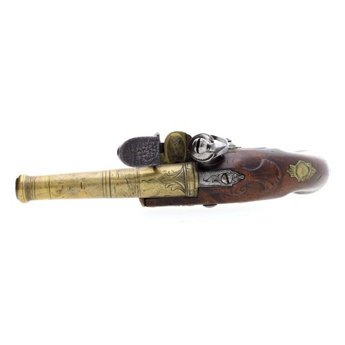 1077 - 19th century flintlock pistol marked 'Stamps', .440 calibre, turned brass canon barrel, engraved apr... 