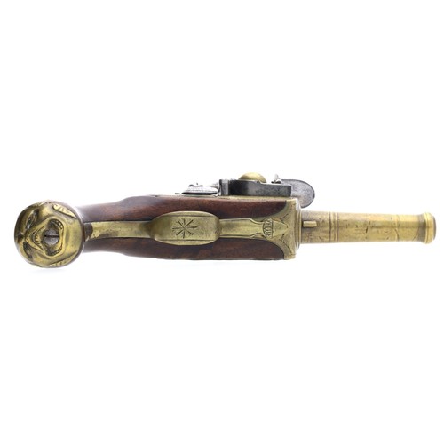 1077 - 19th century flintlock pistol marked 'Stamps', .440 calibre, turned brass canon barrel, engraved apr... 