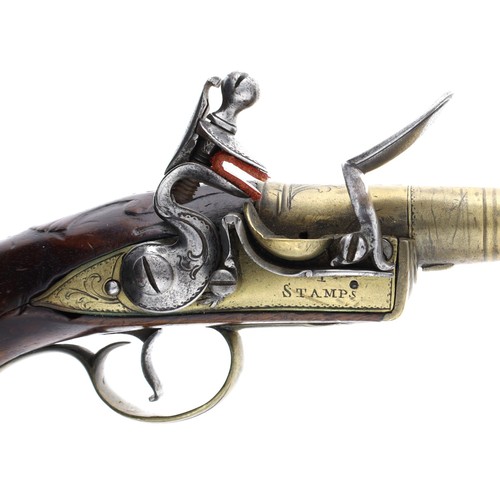 1077 - 19th century flintlock pistol marked 'Stamps', .440 calibre, turned brass canon barrel, engraved apr... 