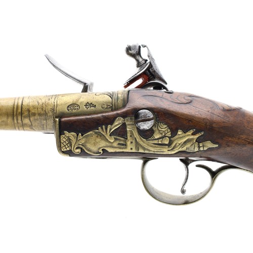 1077 - 19th century flintlock pistol marked 'Stamps', .440 calibre, turned brass canon barrel, engraved apr... 