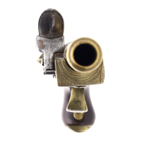 1077 - 19th century flintlock pistol marked 'Stamps', .440 calibre, turned brass canon barrel, engraved apr... 