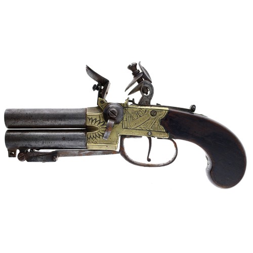 English early 19th century double barrelled flintlock tap-action pistol with spring bayonet signed Wilbraham, London, .44 calibre, engraved sliding steel safety, muzzles slotted for a key, walnut flat sided butt, 8" long overall