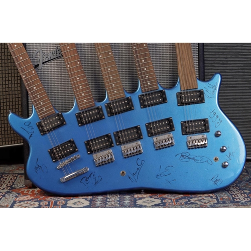 641 - Rare autographed Hutchins five neck electric guitar, comprising twelve string neck, three six string... 