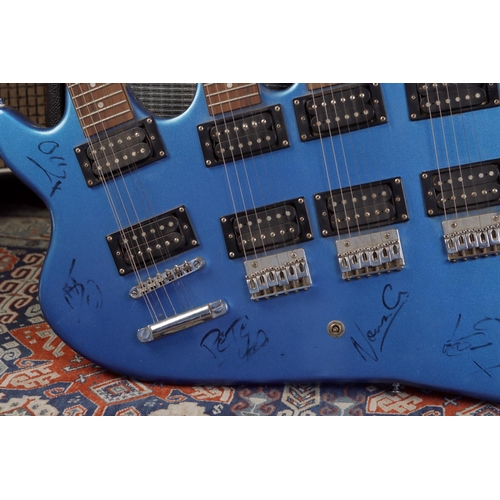 641 - Rare autographed Hutchins five neck electric guitar, comprising twelve string neck, three six string... 