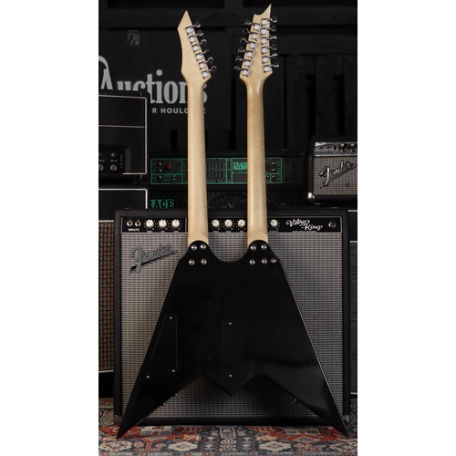 645 - Rare Hutchins double neck Flying V electric guitar comprising twelve and six string necks, black fin... 