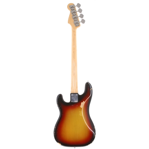 682 - 1974 Fender Precision Bass guitar, made in USA; Body: three-tone sunburst finish, blemishes, dings a... 