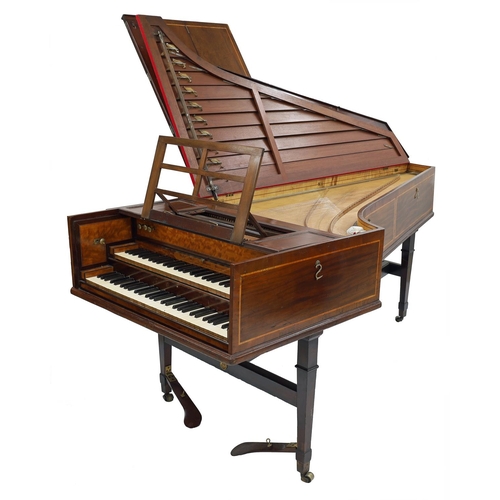 Two-manual harpsichord by Burkat Shudi and John Broadwood, London, 1785, the case of mahogany with boxwood stringing, the fascia board and cheeks of satinwood with holly and stained fruitwood stringing and mahogany crossbanding, the main lid with chased brass strap-hinges, the five-octave keyboard, FF to f3, with ivory naturals and ebony accidentals faced with boxwood mouldings, five brass-knobbed hand levers on the fascia board controlling two 8ft, one 4ft and 8ft buff stops on the lower manual and 8ft lute stop on the upper manual, and a further brass knob on the left cheek controlling the machine stop, two pedals controlling the Venetian swell and machine stop, on trestle stand with slightly tapering legs, inscribed Burkat Shudi et Johannes Broadwood / No 1045 Londini fecerunt 1785, Great Pulteney Street Golden Square, length 97.5", 248mm, width 38", 96.5cm