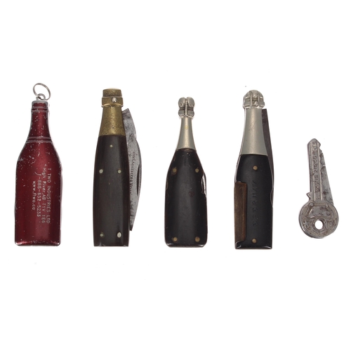 651 - Three novelty Champagne penknives, modelled as branded bottles with horn plates, including Charles S... 