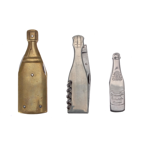 652 - Three novelty Champagne penknives, modelled as branded bottles including Heidsiech Dry Monopole... 